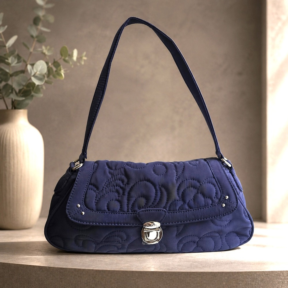 Vera Bradley Navy Quilted Fabric Handbag Purse Silver Hardware 12.5 x 6 inch
